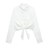 BUYEDBD Langarmshirts Damen Women with Knot Front Patch Pockets Crop Shirts Long Sleeve Button-up Female Shirts Tops(XS)