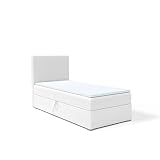 FEDVE Boxspringbett 100x200 cm Weiß Öko-Leder - Kolorado – Dauerhaft Bett mit Bettkasten Links – Praktisches Einzelbett für Viele Jahr – Kopfteil Bett mit Stauraum zum S