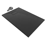 Moments of Glass SMC BOREAL Duschwanne 120x80 cm – extra flache Duschtasse (26 mm), rutschfest & robust, Schieferoptik, inkl. Ablaufgarnitur mit Deckel, Schw