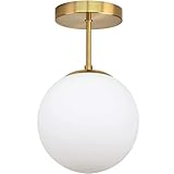 Deckenleuchte Vintage, E27 Retro Deckenlampe Glas in Kugel, Runde Decken Hängelampe Küchenlampe, Weiß Glas Flurlampe Hängend Deckenspots, fur Schlafzimmer Küchen Flur, Golden Ø 20cm (Inkl. Glühbirne)