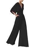 Glitzernder, eleganter Damen-Jumpsuit, Übergröße, Laterne, langärmelig, V-Ausschnitt, elegant für Damen, elegant, Schwarz , XXL