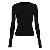 Generisch Damen Langarmshirt Basic Slim Fit Langarmshirt Damen Enges Top Schwarz Elegant Weiß Langarm Rundhals Unterziehshirt Sexy Oberteile Cropped Tee Longsleeve Dupe Top (Black #1, S)