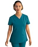 Stenso Nobby Kasacks Damen Pflege - Tailliert, Stretch, V-Ausschnitt, Kurzarm Kasack Mit Seitenschlitzen Und DREI Taschen - Elastisches Material Kasaks Altenpflege Damen Karibikblau S