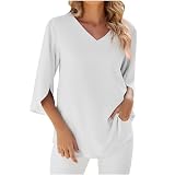 TURWXGSO Damen-Oberteil, Sommer, Chiffon, elegant, lässig, V-Ausschnitt, Blütenblattärmel, lockere Passform, Büro, niedliches Hemd, elegant, halblange Ärmel, T-Shirts für Arbeit, Urlaub, Ausgehen, 01