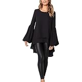 MKIUHNJ Damen T-Shirt Mit Trompetenärmeln Einfarbiges, mittellanges Damenoberteil mit Rundhalsausschnitt unregelmäßigen Ärmeln Cardigan Sommer Damen Sommer-Shirt mit Raffungen am S