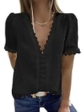 SHEKINI Damen Shirt Kurzarm Bluse Elegant Bluse Boho Spitze T-Shirt Tops, Schwarz , L