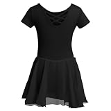 DGSHIRLDJO Kinder Ballettkleidung Mädchen Kurzarm Baumwolle Ballettkleid Balletttrikot Tanzkleid Tanzbody mit Chiffon Rock Tütü (DE/NL/SE/PL, Numerisch, 140, Regular, schwarz)
