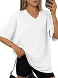 Cuptacc T Shirt Damen V-Ausschnitt Einfarbig Basic Kurzarm Shirt Herbst Oversized Halbarm Lang Drop Shoulder Große Größen Sommer Oberteile Reinweiß M M