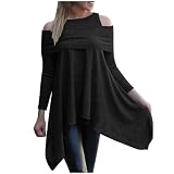 NZYIHAO Sexy Longbluse Damen Schulterfrei Langarmshirt Einfarbig Bluse Lang Pullover mit Asymmetrischem Saum Langarm Oberteile Große Größen Tshirt Locker Tops Bequem T-Shirt Pulli Tunika Streetw