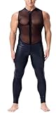 AIEOE Herren Lackleder Catsuit mit Netz-Einsatz Durchsichtige Jumpsuit Kunstleder Overall Anzug Schwarz 05 Größe XL