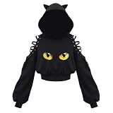 MUSHEN Süßes Crop-Top mit Katzenohren für Damen, Halloween, schulterfrei, lange Ärmel, Punk, Gothic-Sweatshirts für Teenager, Mädchen (Augenaufdruck, S)