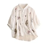 Damen-Hemd Mit Knopfleiste,Damen-Stickerei Halbarm Retro-Blusen Weiß Durchsichtig Lässige Vertuschung Baumwoll-Leinen-Hemd Button-Down-Hemden Oberteile Party-Oberteile Lässige Büro-Bluse Für M