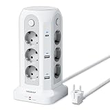 TESSAN 12 Fach Mehrfachsteckdose mit USB C, Steckdosenleiste mit 4 Einzelnen Schalter, Verlängerungskabel 2M Verteilersteckdose, Mehrfachsteckdose mit Überspannungsschutz, Steckdosenturm Weiß