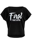 WINSHAPE Damen Ultra Leichtes Modal-kurzarmshirt Mct002 Mit Weißem Glitzer-aufdruck „first Need Coffee” T-Shirt, Schwarz-weiss-glitzer, L EU