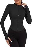 Joligiao Damen Laufjacke Slim Fit Sportjacke Atmungsaktive Langarm Yoga Shirt Damen Gym Top Fitness Jacke Hoher Kragen Sportshirt Trainingsjacke mit Reißverschluss und Daumenlöchern(Schwarz,S)