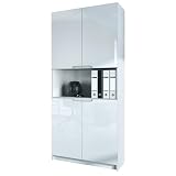 Vladon Büroschrank Logan V2, Made in Germany, Aktenschrank mit 5 Fächern und 4 Türen, Weiß matt/Weiß Hochglanz (82 x 184 x 37 cm)
