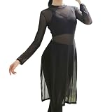 ranrann Damen Tanz Oberteil Langarm Ballett Shirt Mesh Tanztops Longshirt Durchsichtig mit Schlitz Elegant Erwachsene Standard Tanz Ballettkleidung Schwarz XL