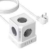 Steckdosenturm mit USB & Typ C, Steckdosenwürfel USB C Steckdosenleiste, Steckdosenwürfel Weiß, Steckdosenleiste 5-Fach mit Schalter, 3 USB-A & 1 USB-C, 2m Kabel, für Büro, Z