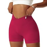 Vertvie Damen Gym Shorts V Cross Stretch Push Up Yoga Shorts Booty Scrunch Fitness Hosen Kurz High Waist Nahtlos Workout Sportshorts Butt Lift Kurze Leggings Sommer (Rot, S)
