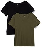 Amazon Essentials Damen Plus Size V-Ausschnitt T-Shirt mit Kurzen Ärmeln, Klassische Passform, 2er-Pack, Schwarz/Olivgrün, 3XL Große Größ