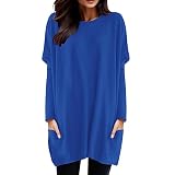 Langärmeliges Damen-Tunika-T-Shirt 2025, Rundhalsausschnitt, niedlich, lockeres Oberteil zum Ausgehen, mit Taschen, lockere Passform, lässig zu tragen, mit Leggings, modisch, trendig, lange Tunik