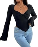 Rongseng Damen Langarmshirt Sweetheart Ausschnitt Oberteil Elegant Langarm Crop Top Sexy Fitted Tees Shirt Twist Front Asymmetrisches Langarm Pullover Trendy Casual Longshirt Bluse Rüschen Streetw