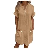 Generisch Sommerkleid Damen V-Ausschnitt Knöpfen Wickelkleider Elegant Solide Knielang Hemdkleid Summer Kurzarm Strandkleider Midikleid Leicht Luftig Freizeitkleid mit Taschen(Khaki,XXL)