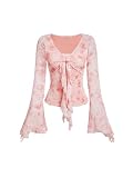 GORGLITTER Oberteil Damen Geblümt T-Shirt Elegant Oberteile Y2K Top mit Volant Ärmel Langarmshirt Strechty Tops Rosa XS