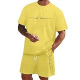 Herren Zweiteiliges Outfit Set mit Kurzarm T-Shirt Shorts Erotischem Print Männermode (Yellow, XS)