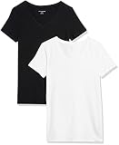 Amazon Essentials Damen Kurzärmeliges T-Shirt mit V-Ausschnitt, Klassischer Schnitt, 2er-Pack, Schwarz/Weiß, M