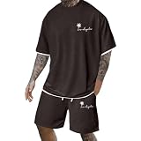 Generisch Jogginganzug Herren Streetwear Bequeme Tracksuit Aufdruck Baggy Freizeitanzug Zweiteiler Outfit Fitnessanzug 2-Teilig T-shirts + Kurze Hose Freizeit Jogginganzug Tshirt Sportsw
