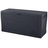 Koll Living Auflagenbox/Kissenbox 270 Liter Farbe : Graphit l 100% Wasserdicht l mit Belüftung dadurch kein übler Geruch/Schimmel l Moderne Holzoptik l Deckel belastbar bis 250 KG (2 Personen)
