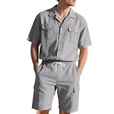 LUZOUCHE Herren Trainingsanzug Sommer Sportanzug 2-Teilig Button Down Kurzarm T-shirt und Kurz Hose Set Sommer Baumwolle Leinen Freizeitanzug Einfarbig Jogginganzug B