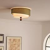 IWANTDO Deckenleuchte Holz mit Stoff Schirm 40cm E27 3 flammig Schlafzimmer Lampe Rustikal Modern Minimalistisch Rund Deckenlampe für Foyer Balkon Diele Wohnung Flur Leuchte Ohne Lichtquelle (Grün)