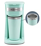 Elite Gourmet EHC113M# Einzelportions-Filterkaffeemaschine, kompakt, persönlich, mit Thermo-Reisebecher aus Edelstahl im Inneren, für gemahlenen Kaffee, wiederverwendbarer Filter, mintgrün, 400