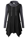 Amrto Bluse Tunika für Damen Turtleneck Pullover mit Asymmetrischem Saum Langarm Shirts Lange Longpullover Elegant Sweatshirt Große Größe mit Taschen, Schwarz & Grau M