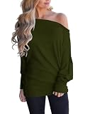 Eniloyal Schulterfreies Oberteil Damen Langarmshirt Off Shoulder Tshirt Fledermaus Tshirt Langarm Oversized Longshirt Herbst Grün M