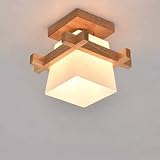 OOWOKS Holz Deckenleuchte mit Glas Lampenschirm, E27 Simple Japan Tatami Holzlampe, Vintage Deckenlampe Schlafzimmer Dekor für Treppe Balkon Küche Büro Eingang Treppen (Ohne Lichtquelle),