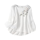 ZHAWEIYC Frühling/Sommer Damen Besticktes Rundhals Langarm T Shirt Vintage Bohemian Loose Fit Blumenapplikation Top Musselin Tunika Blusen Angebote Weißes Oberteil Weiß Mit Shirts Mit Print Baumw