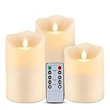 Homemory LED-Kerzen, Outdoor Wasserdichte Flammenlose Kerzen mit Fernbedienung Timer Funktion, Batteriekerzen, LED Stabkerzen, Flammenlose Kerzen, bewegliche Flamme, 3er-S