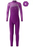 Xnihocha Gymnastikanzug Mädchen Glänzend Strass Gymnastik Trikot Einteiliger Ballettbody Langarm Overall Leotards mit Haarband Dancewear Violett 110-116