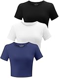 BryticFlow 3er Pack Cropped Tops für Damen - Atmungsaktive Baumwolle Yoga Shirts mit Kurzen Ärmeln - Bequeme Fitness T-Shirts für Gym, Sommer & Alltag Schwarz/Weiß/Navyblau M