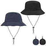 SDFWGG 2 Stück Sonnenhut Damen Herren mit Kinnriemen Faltbarer Wanderhut Wasserdichter Sonnenhut Packbarer Outdoor Anglerhut UV Sonnenschutz für Sommer Aktivitäten (Schwarz + Marineblau)