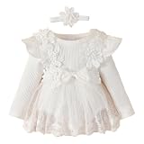 Agoky Baby Mädchen Langarm Kleid Gerippt T-Shirt Shirtkleid mit Blumen Haarband Tüllrock Festlich Prinzessin Partykleid Festkleider Taufbekleidung Weiß 68-74