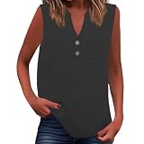Damen Sommer Tank Loose Fit Plissee V-Ausschnitt Ärmelloses Top Curved Flowy (Black, XXL)