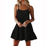Novlewign Sommerkleid für Damen, Spaghettiträger, ärmellos, A-Linie, kurze Kleider, offener Rücken, schwingend, gestuft, Strandkleid, Mini-Sommerkleider, Schwarz,