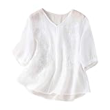 Damen Leinenbluse Tunika Leicht Und Luftig Musselin Bluse Shirt Kurzärmliges Oversize T-Shirt Mit Rundhalsausschnitt Aus Baumwolle Leinenhemd Locker Casual Leinen Oberteil Hemd Blusenshirt Eleg