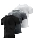 Niksa 3 Stück Kompressionsshirt Herren,Laufshirt Herren Kurzarm mit Unterarm Mesh kurzärmliges Funktionsshirt Atmungsaktiv Sportshirt Männer für Running Workout Fitness, Schwarz, Grau, Weiß, XL