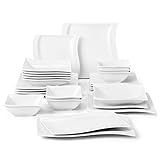 MALACASA, Serie Flora, 26 tlg. Cremeweiß Porzellan Geschirrset Kombiservice Tafelservice mit 6 Schalen, 6 Dessertteller, 6 Suppenteller, 6 Speiseteller und 2 Rechteckigen Platten, 26 Tlg Komb