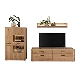 Wohnwand Wohnmöbel Set Eiche teilmassiv 2-teilig, Highboard, Wandboard, Lowboard, inkl. LED-Beleuchtung